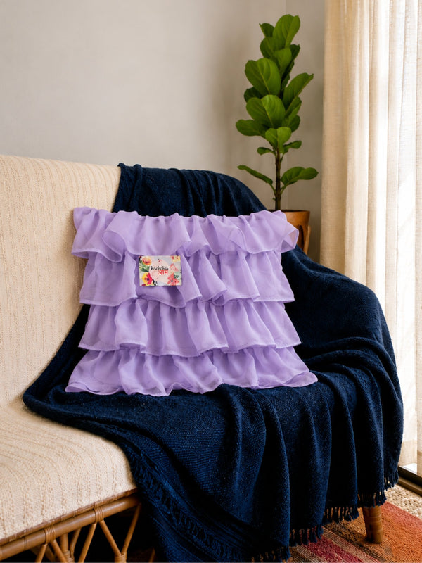 Georgette Ruffles Cotton Cushion Cover in Lavender - 16x16 Inches with Quality Lining