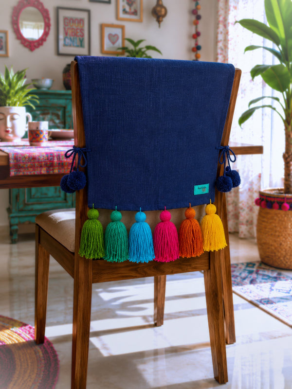 Navy Cotton Slub Chair Cover with Rainbow Tassels