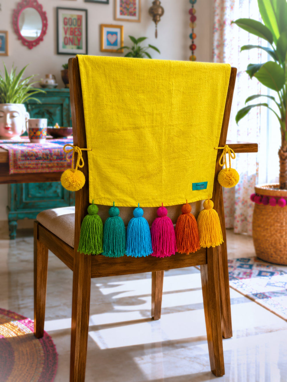 Yellow Cotton Slub Chair Cover with Rainbow Tassels
