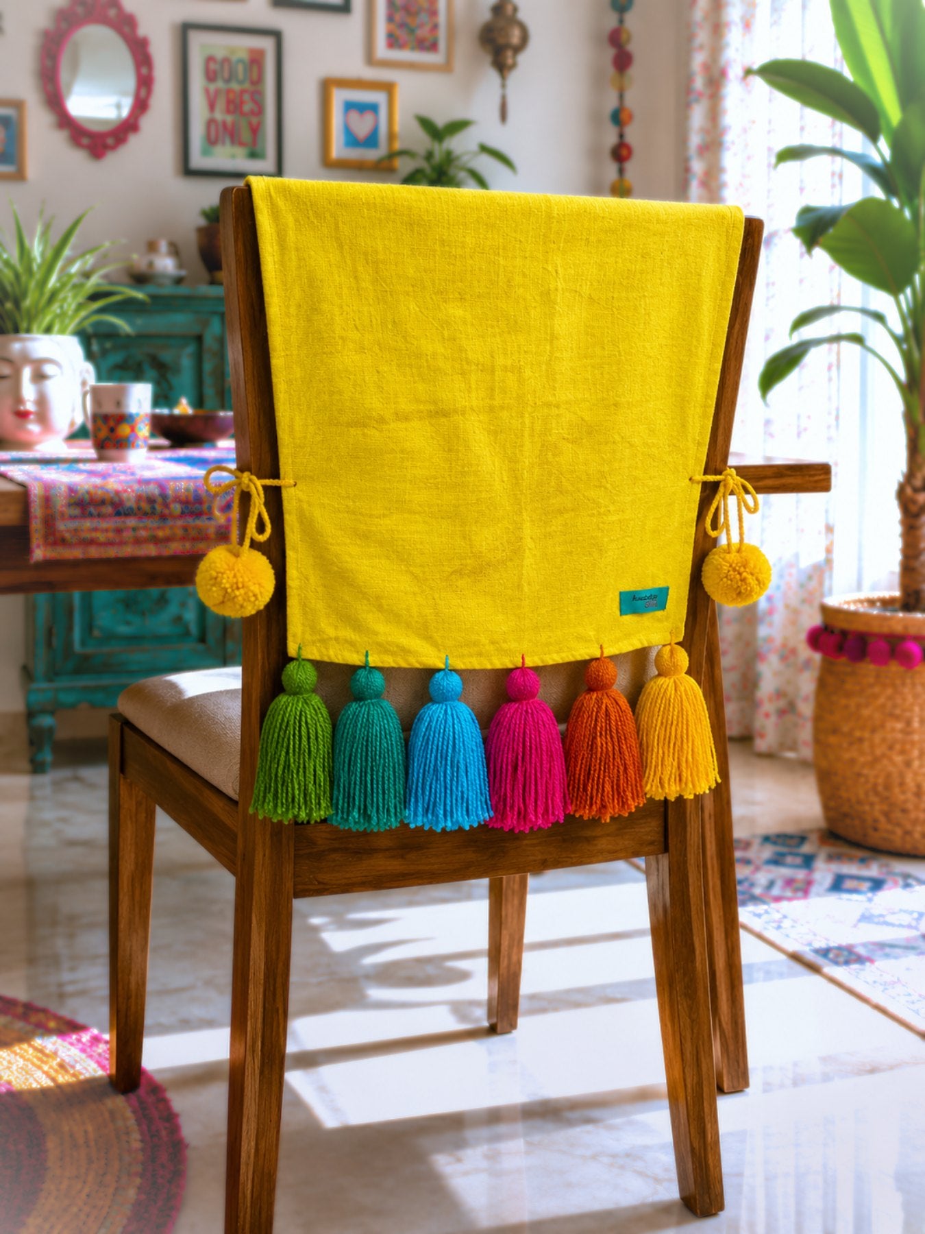 Yellow Cotton Slub Chair Cover with Rainbow Tassels