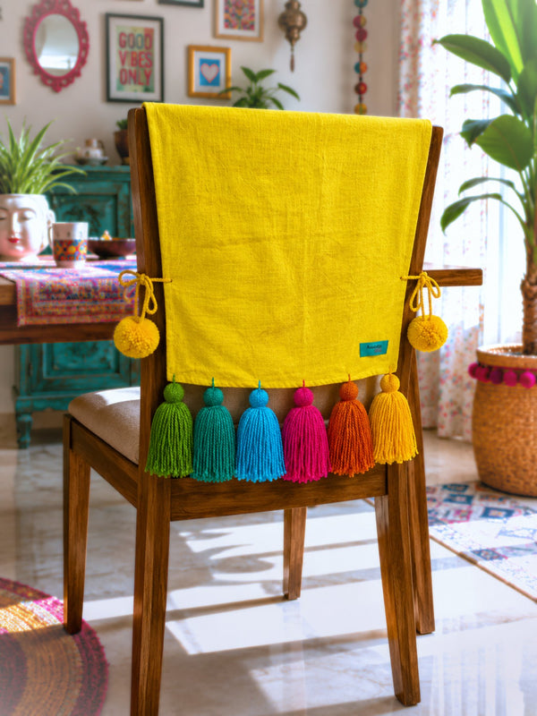 Yellow Cotton Slub Chair Cover with Rainbow Tassels