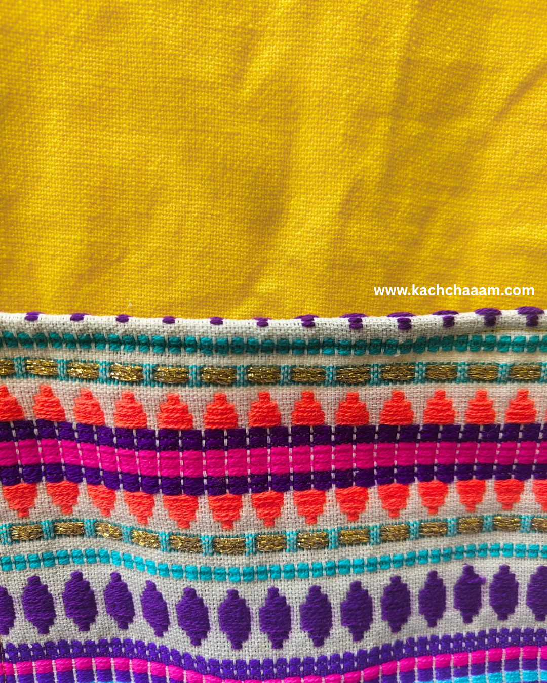 Yellow Cotton Slub Solid Fridge Cover with Purple Jacquard Fabric Pockets & Multi Tassels