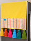 Yellow Cotton Slub Solid Fridge Cover with Multicolored Jacquard Fabric Pockets and Rainbow Tassel