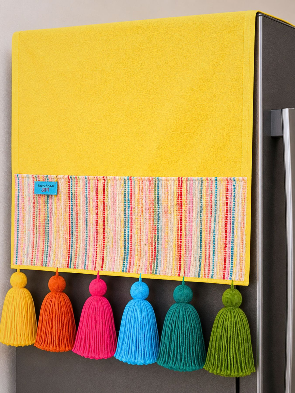 Yellow Cotton Slub Solid Fridge Cover with Multicolored Jacquard Fabric Pockets and Rainbow Tassel