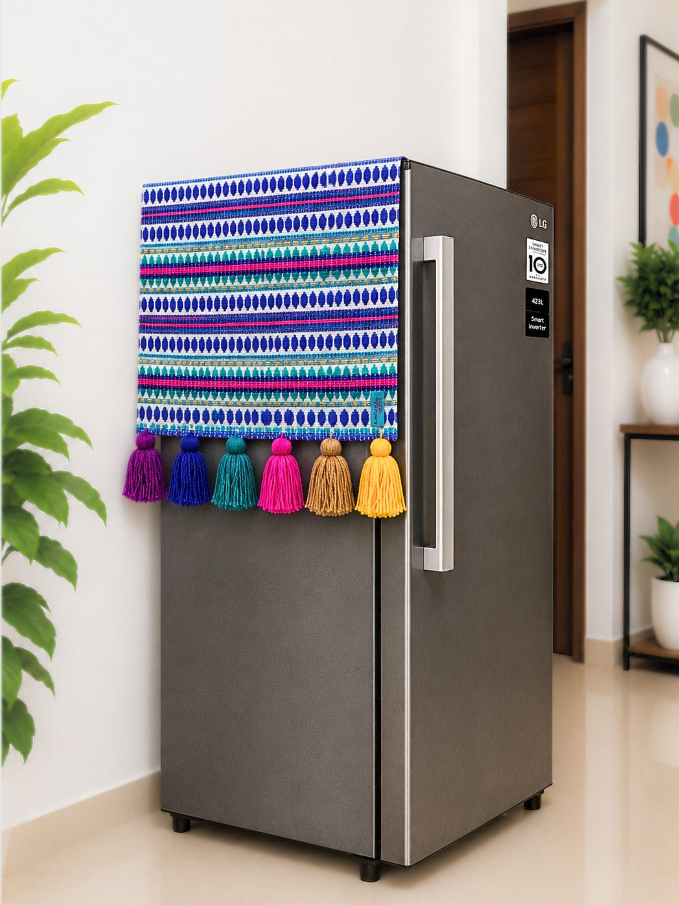 Navy Jacquard Fridge Cover without Pockets & Multi Tassels