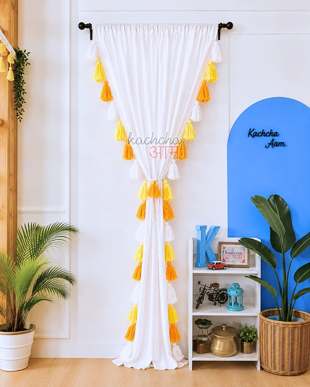 Yellow Ombre Tassel White Curtains (Cotton & Sheer)
