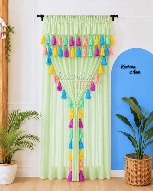 Celestial Tassel Double Layered Pista Green Curtain with Two Frills on Top