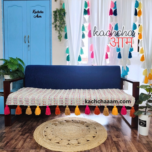 Pink Orange Slub Tufted Cotton Sofa Cover with Multi Color Tassels