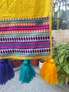 Yellow Cotton Slub Solid Fridge Cover with Purple Jacquard Fabric Pockets & Multi Tassels