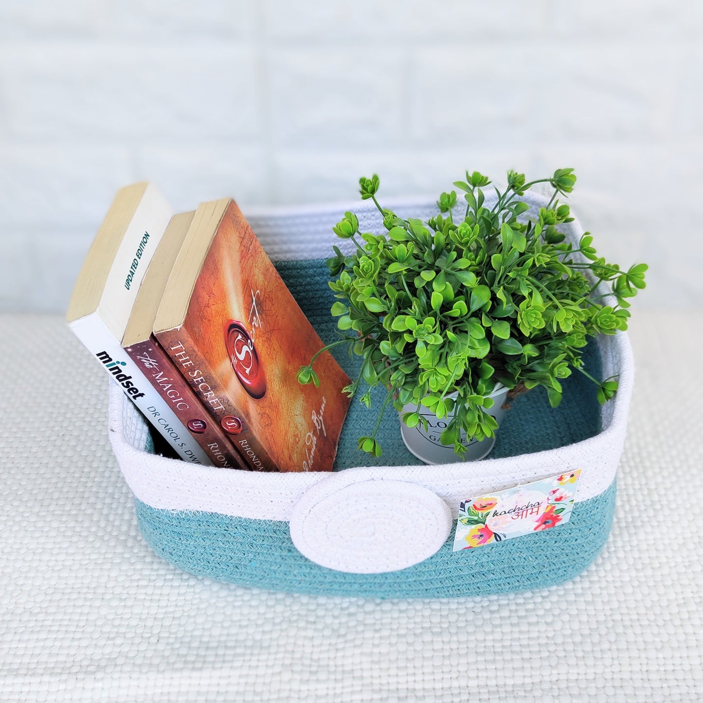 Blue & White Rectangle Cotton Rope Organizer Basket