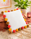 Sunset Pompom White Cotton Cushion Cover with Lining
