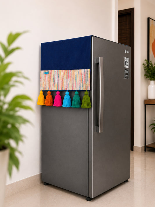Navy Blue Cotton Slub Solid Fridge Cover with Multicolored Jacquard Fabric Pockets and Rainbow Tassel
