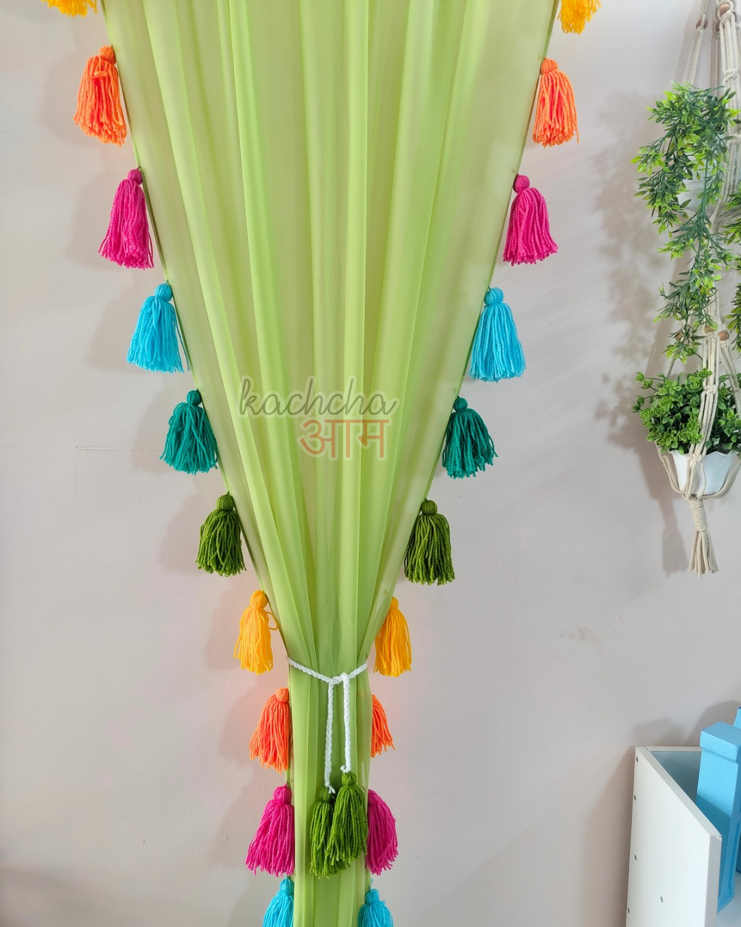Rainbow Tassel Pista Green Curtains (Cotton/Sheer)