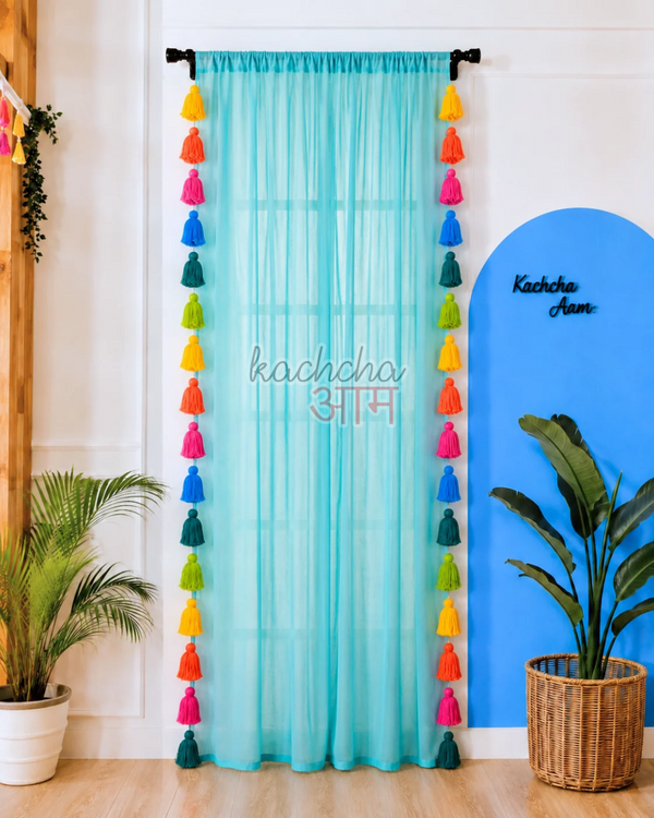 Rainbow Tassel Blue Curtains (Cotton/Sheer)