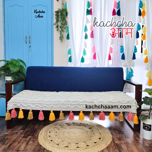 Grey Cotton Tufted Sofa Cover with Sunset Bliss Tassels