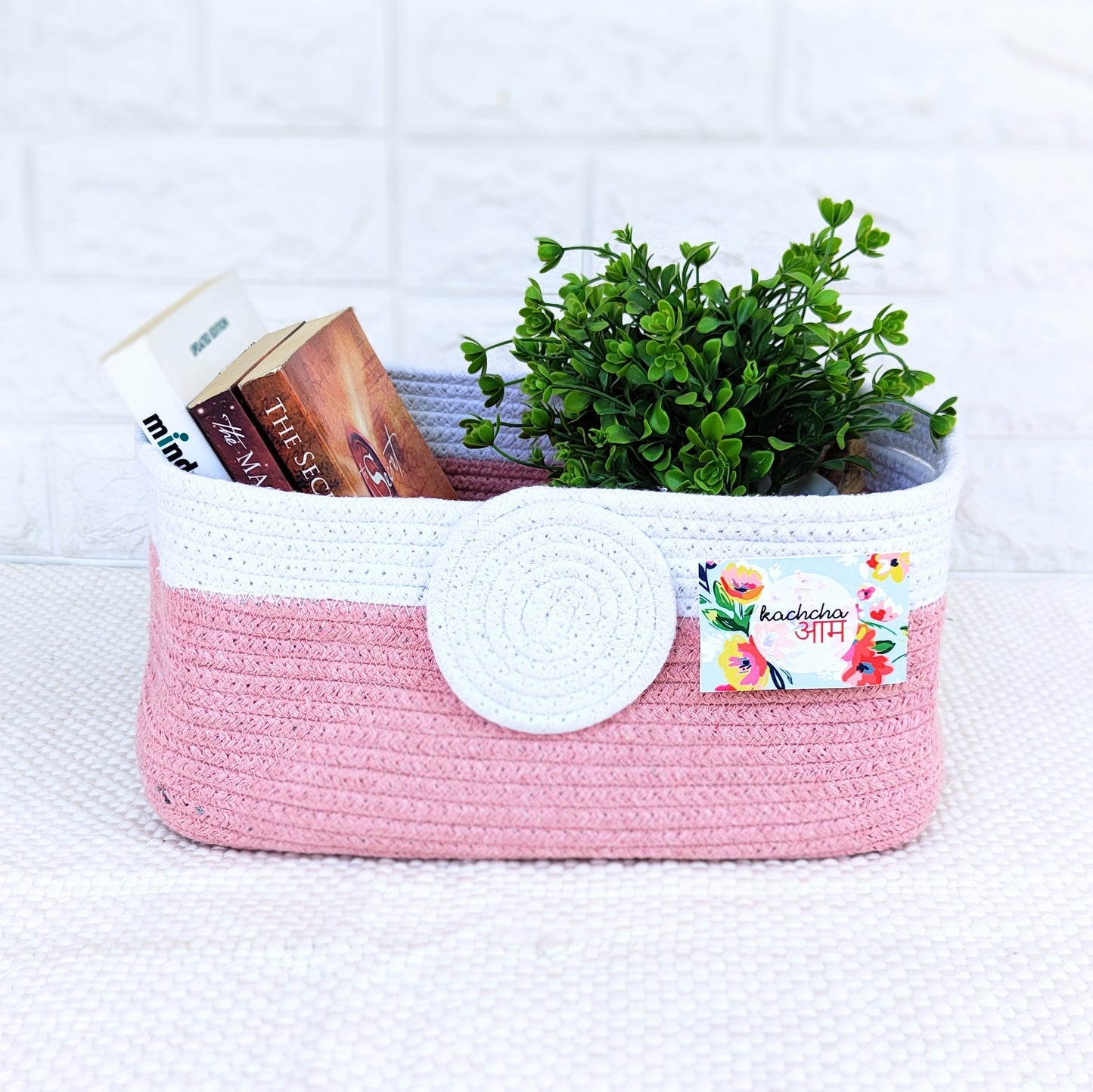 Pink & White Rectangle Cotton Rope Organizer Basket