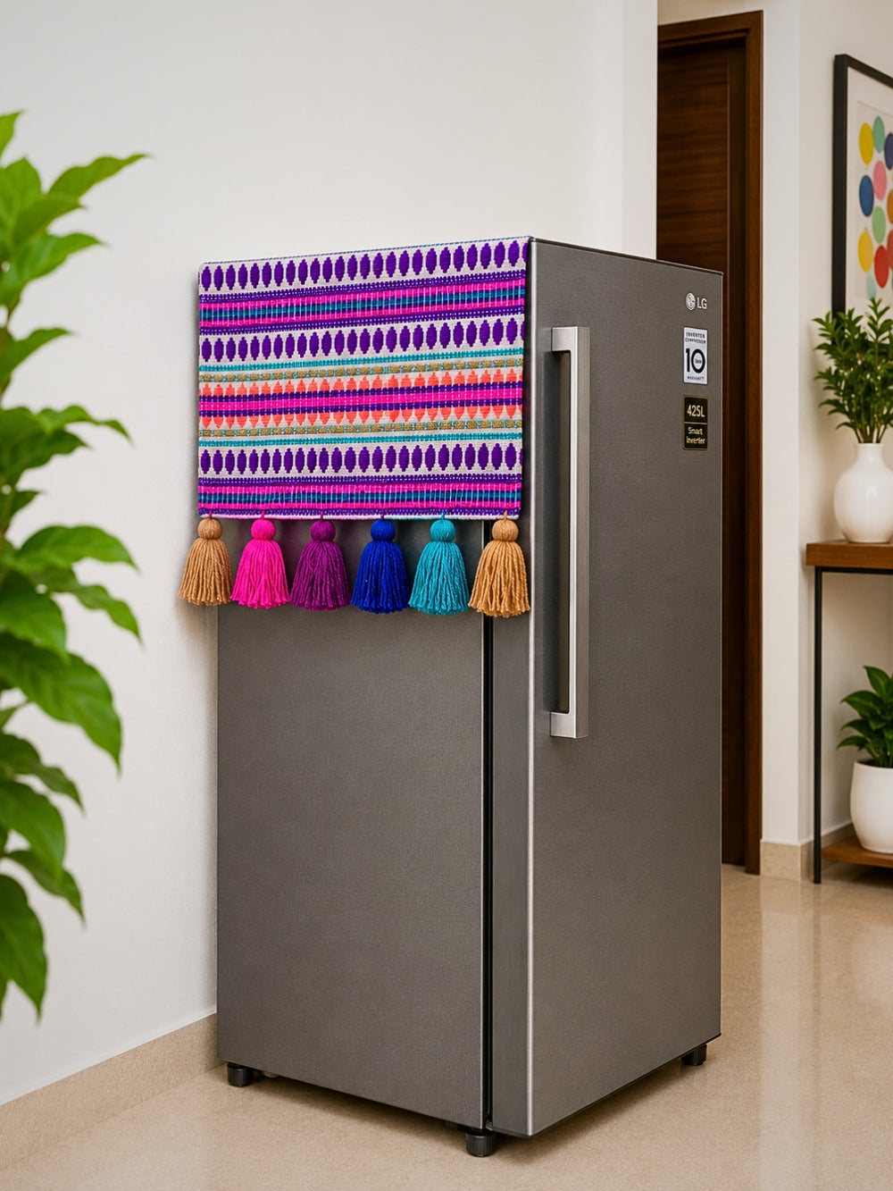 Purple Jacquard Fridge Cover without Pockets & Multi Tassels