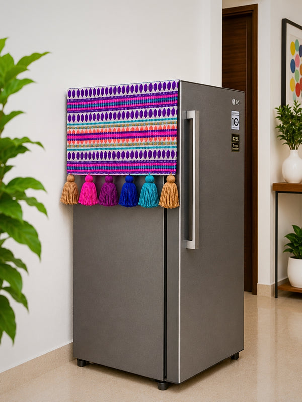 Purple Jacquard Fridge Cover without Pockets & Multi Tassels