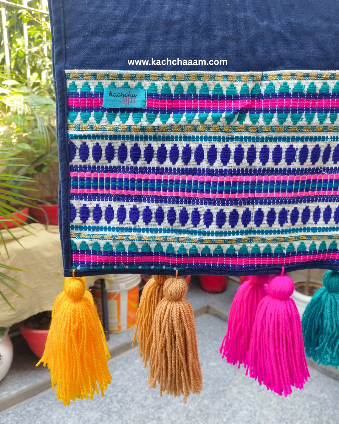 Navy Cotton Slub Solid Fridge Cover with Navy Jacquard Fabric Pockets & Multi Tassels