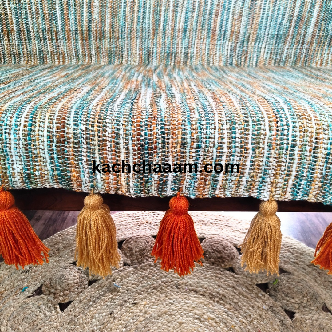 Handloom Sofa Throw cover with Orange and Beige Tassels