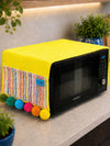 Yellow Cotton Slub Solid Microwave Cover with Multicolored Jacquard Fabric Pockets and Rainbow Pompom