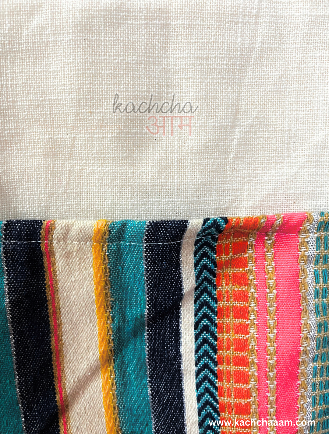Natural Cotton Slub Solid Fridge Cover with Multi Jacquard Fabric Pockets & Multi Tassels