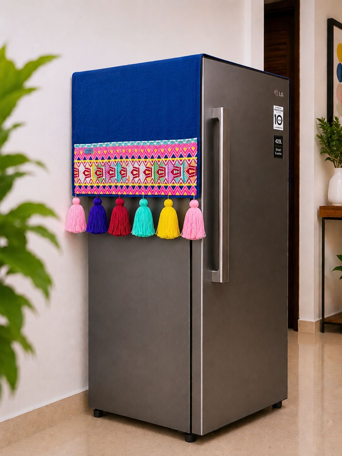 Navy Cotton Slub Solid Fridge Cover with Neon Yellow Jacquard Fabric Pockets & Neon Tassels