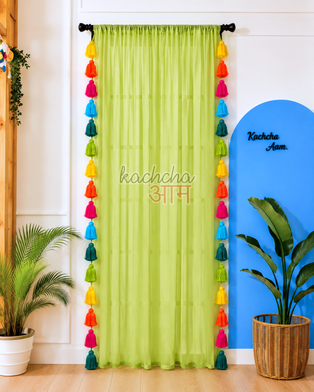 Rainbow Tassel Pista Green Curtains (Cotton/Sheer)