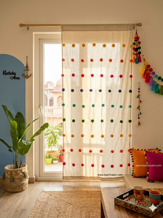 Rainbow Pompom Cream Curtains