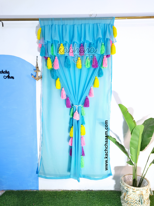Celestial Tassel Double Layered Sky Blue Curtain with Two Frills on Top