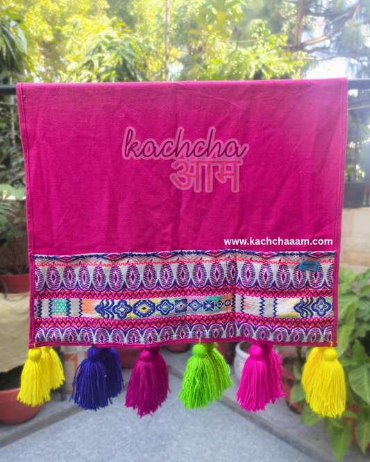 Magenta Cotton Slub Solid Fridge Cover with Purple Jacquard Fabric Pockets & Multi Tassels
