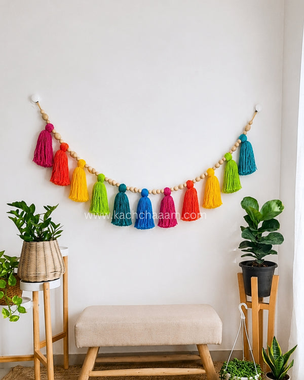Cotton Tassel Rainbow Bunting with Wooden Beads