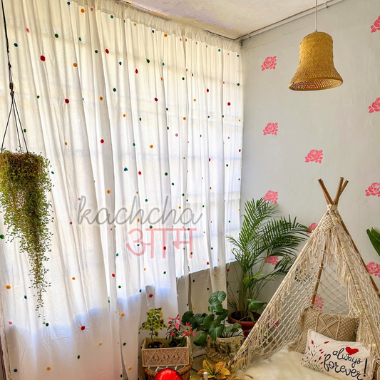 Pompom Curtains 100% Thick Cotton Fabric