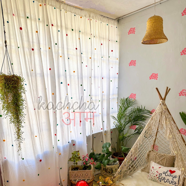 Pompom Curtains 100% Thick Cotton Fabric