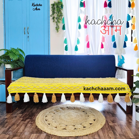Yellow Tufted Sofa Cover with Tassel