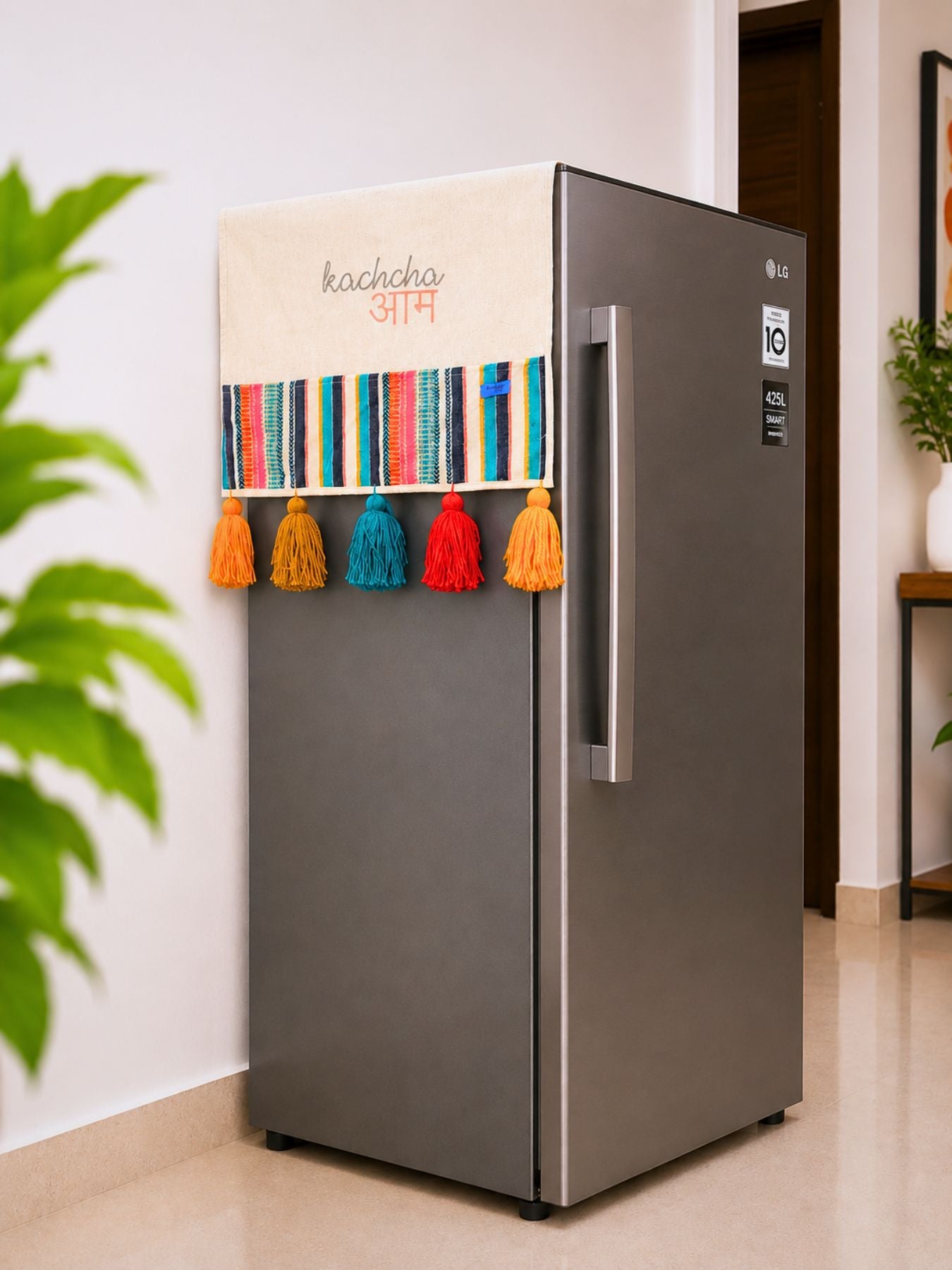 Natural Cotton Slub Solid Fridge Cover with Multi Jacquard Fabric Pockets & Multi Tassels