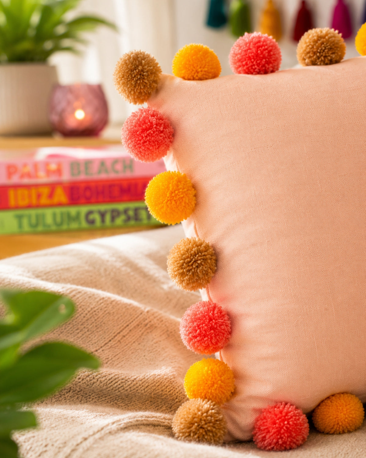 Sunset Pompom Peach Cotton Cushion Cover with Lining