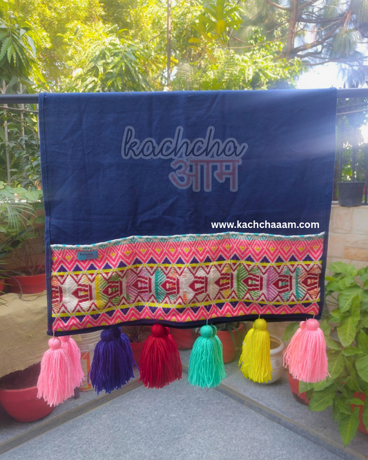 Navy Cotton Slub Solid Fridge Cover with Neon Yellow Jacquard Fabric Pockets & Neon Tassels