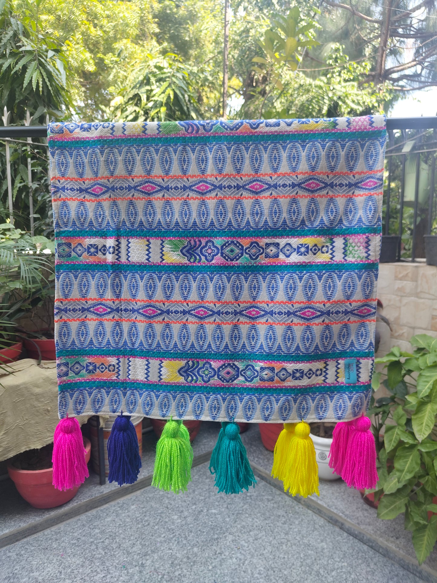 Blue Motif Fridge Cover without Pockets & Multi Tassels