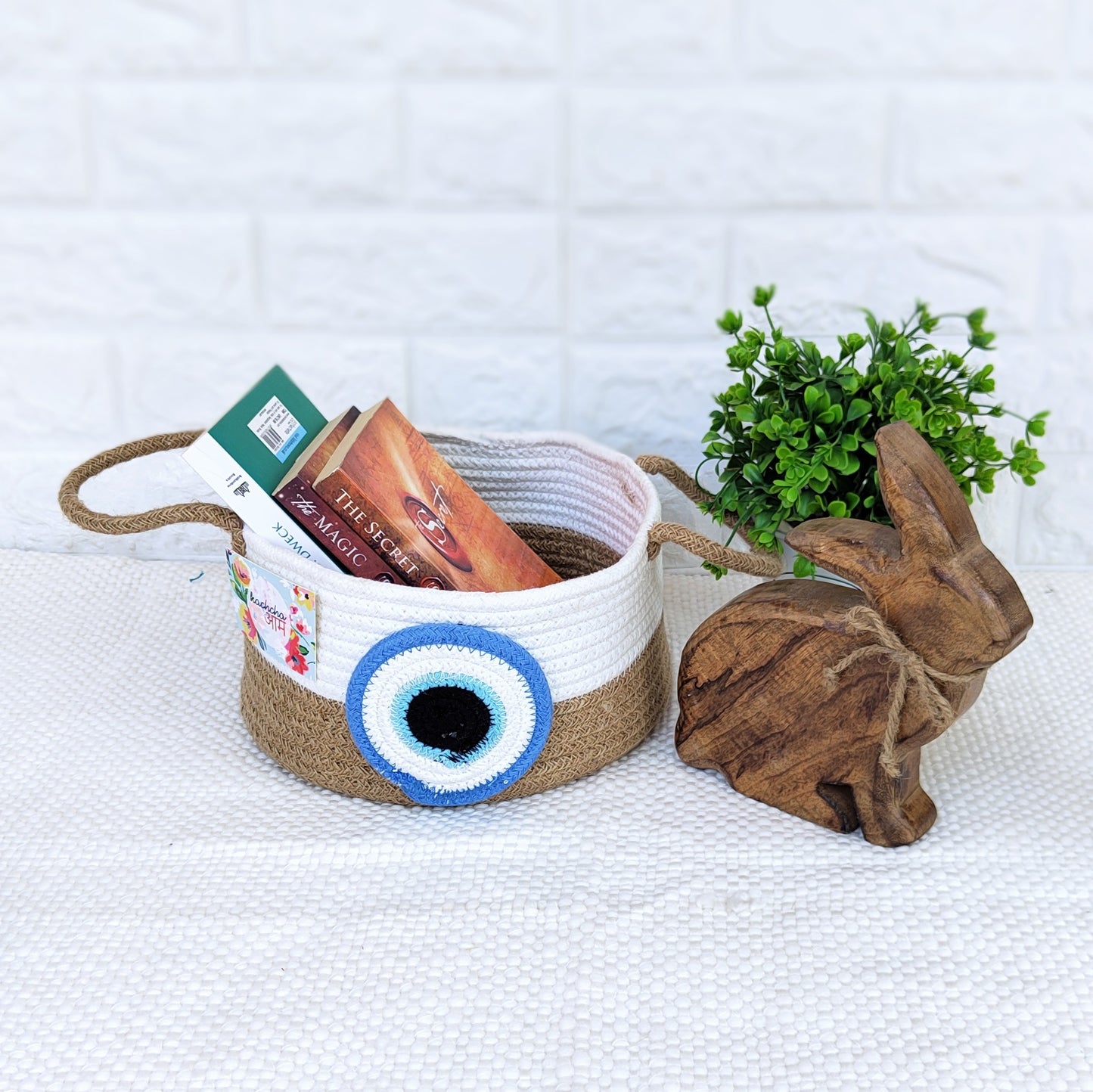 Evil Eye Jute Cotton Basket with Handles