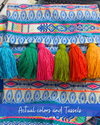 Blue Motif Jacquard Slub Sofa Cover with Rainbow Tassels