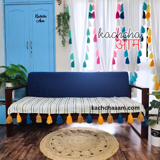 White Handloom Tassels Sofa Cover with Brown Navy Yellow Slub Design