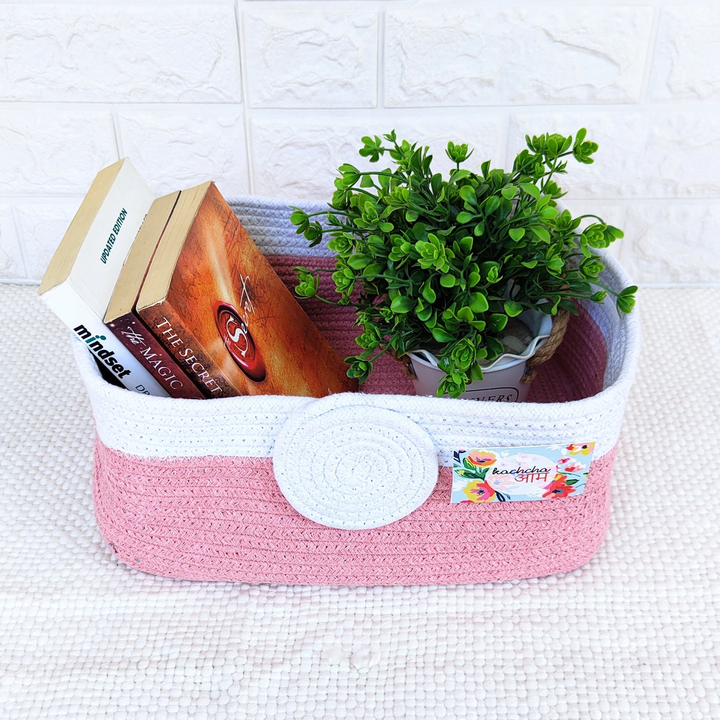 Pink & White Rectangle Cotton Rope Organizer Basket