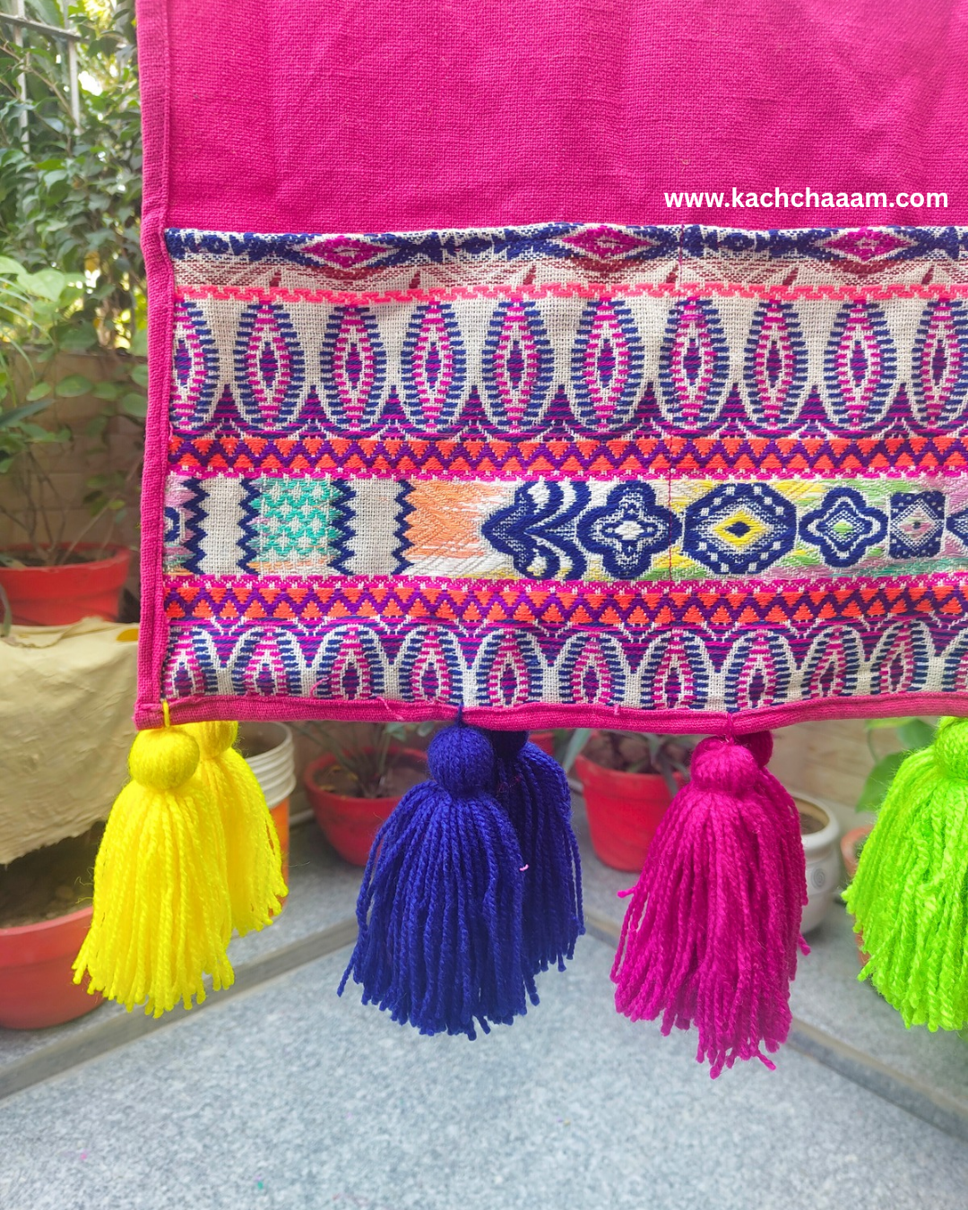 Magenta Cotton Slub Solid Fridge Cover with Purple Jacquard Fabric Pockets & Multi Tassels