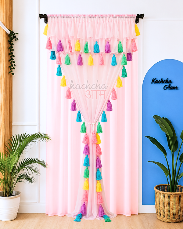 Celestial Tassel Double Layered Baby Pink Curtain with Two Frills on Top