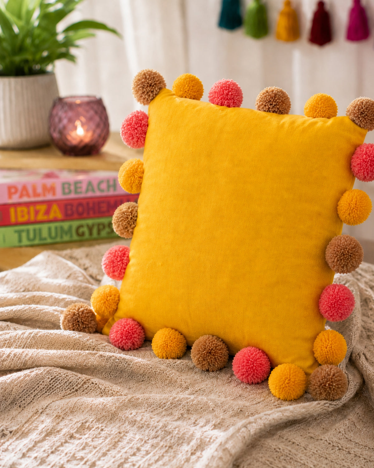 Sunset Pompom Yellow Cotton Cushion Cover with Lining
