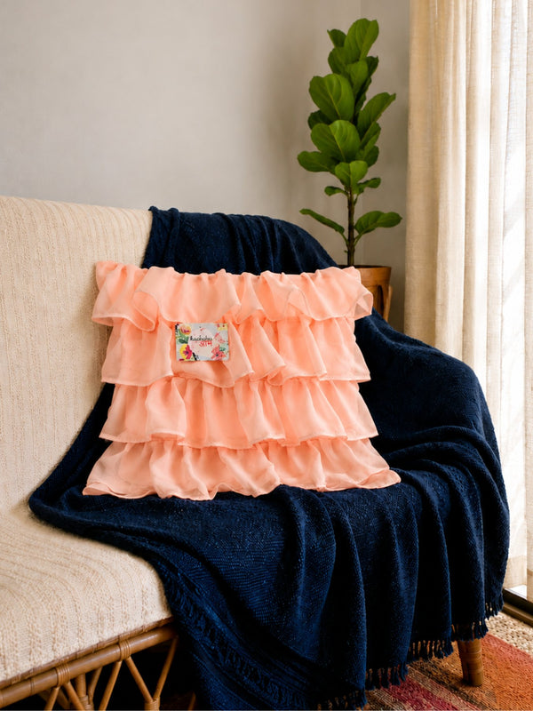 Georgette Ruffles Cotton Cushion Cover in Peach - 16x16 Inches with Quality Lining