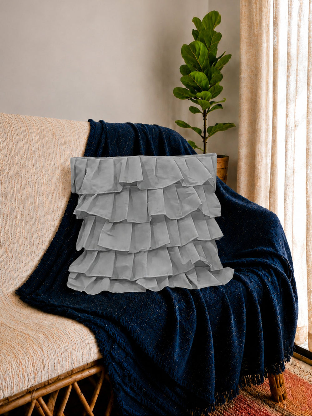 Cotton Ruffle Cushion Cover in Grey - 16x16 Inches with Quality Lining