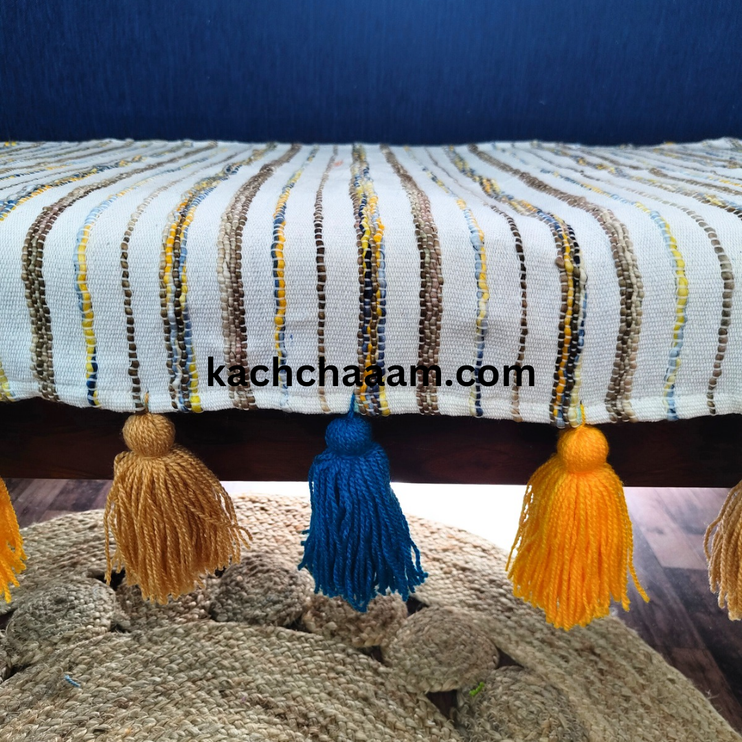 White Handloom Tassels Sofa Cover with Brown Navy Yellow Slub Design