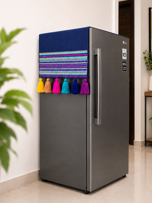 Navy Cotton Slub Solid Fridge Cover with Navy Jacquard Fabric Pockets & Multi Tassels